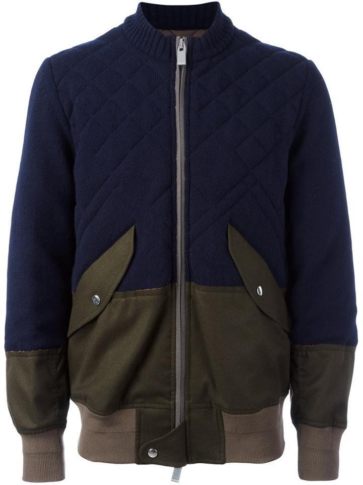 Sacai Panelled Bomber Jacket, Men's, Size: 2, Blue, Cotton/polyester/cupro/wool