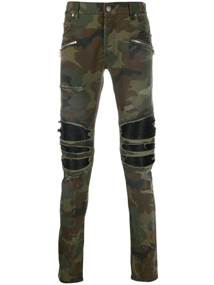 Balmain Distressed Slim-fit Trousers - Green