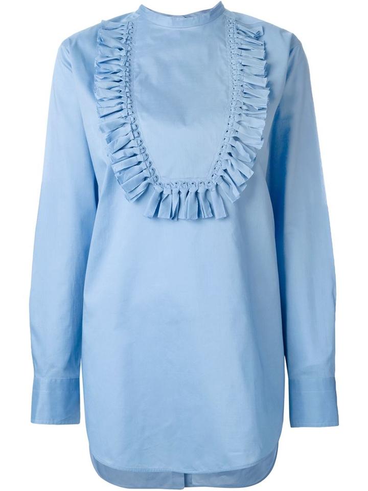 Ports 1961 Ruffled Bib Oversized Blouse, Women's, Size: 40, Blue, Cotton