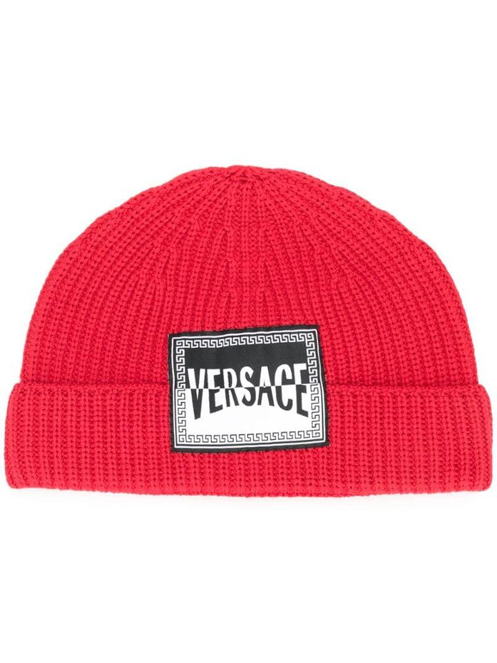Versace Logo Patch Wool Beanie - Red