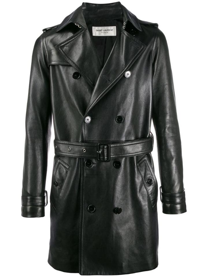 Saint Laurent Leather Trench Coat - Black