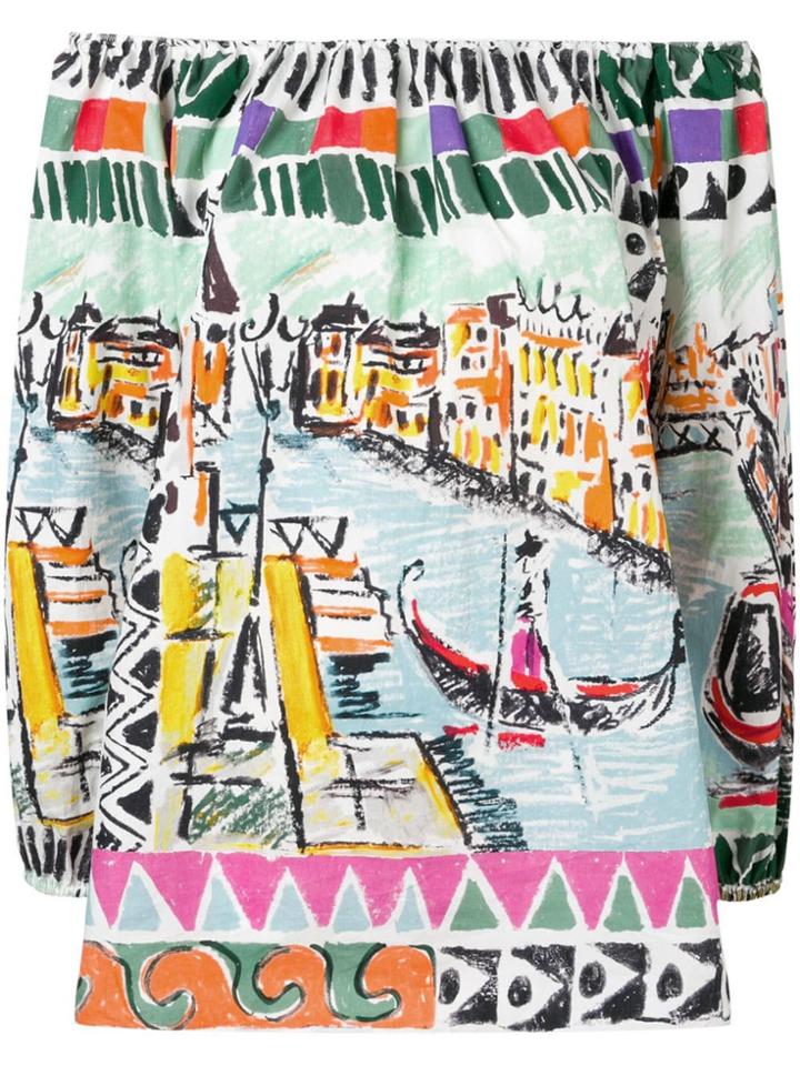 Prada Off-shoulder Venice Print Blouse - White