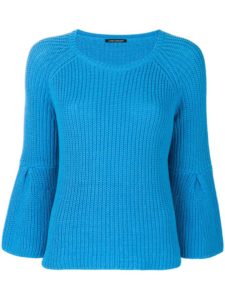 Luisa Cerano Ribbed Embellished Sleeve Sweater - Blue
