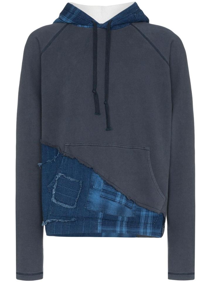 Greg Lauren Contrast Hood Distressed Checked Jumper - Blue