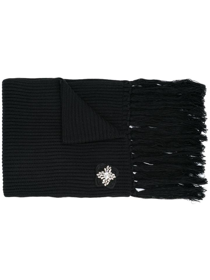 Twin-set Brooch Ribbed Scarf - Black