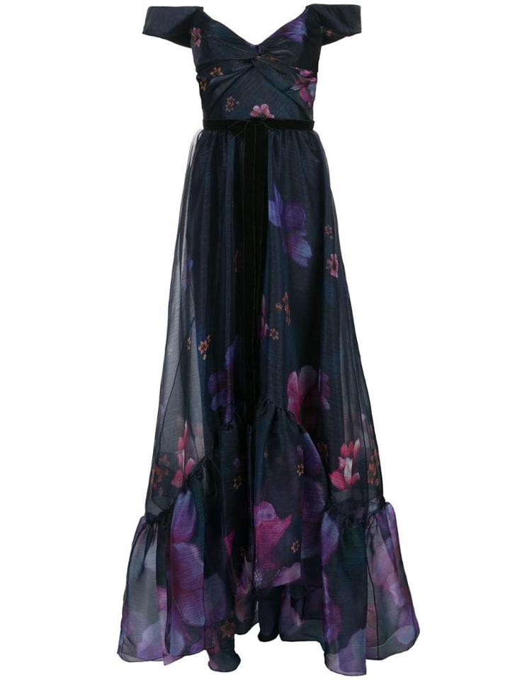 Marchesa Notte Off-shoulder Floral Print Organza Gown - Blue