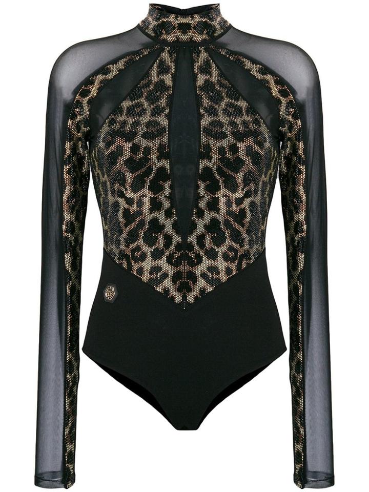 Philipp Plein Leopard Sheer Bodysuit - Black