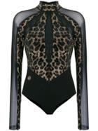 Philipp Plein Leopard Sheer Bodysuit - Black