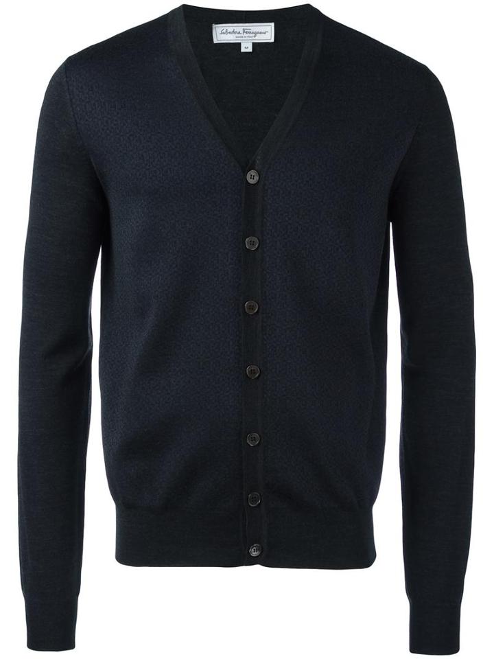 Salvatore Ferragamo Gancini Pattern Knit Cardigan, Men's, Size: Large, Grey, Virgin Wool/silk