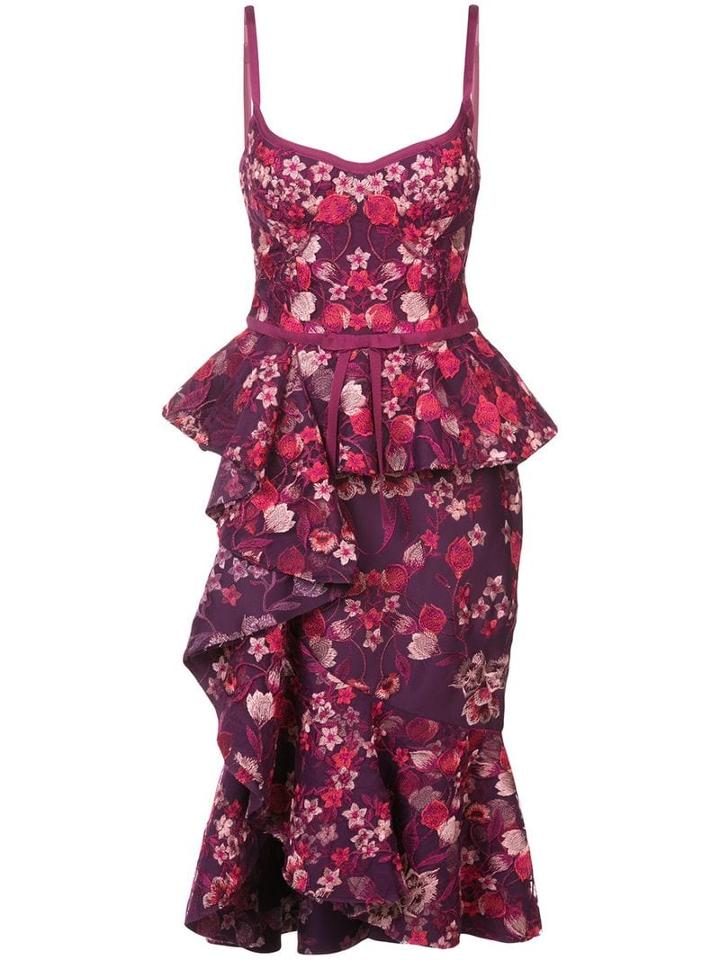 Marchesa Notte Ruffle Floral Midi Dress - Pink