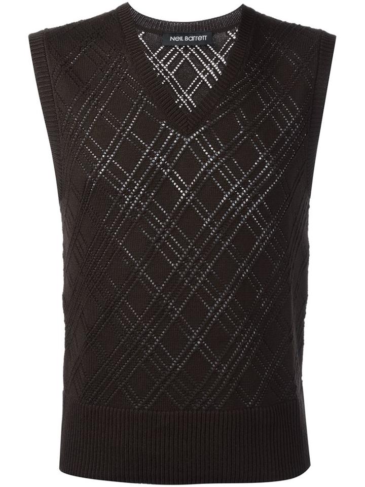 Neil Barrett Prince Of Wales Sleeveless Sweater, Men's, Size: Medium, Brown, Wool