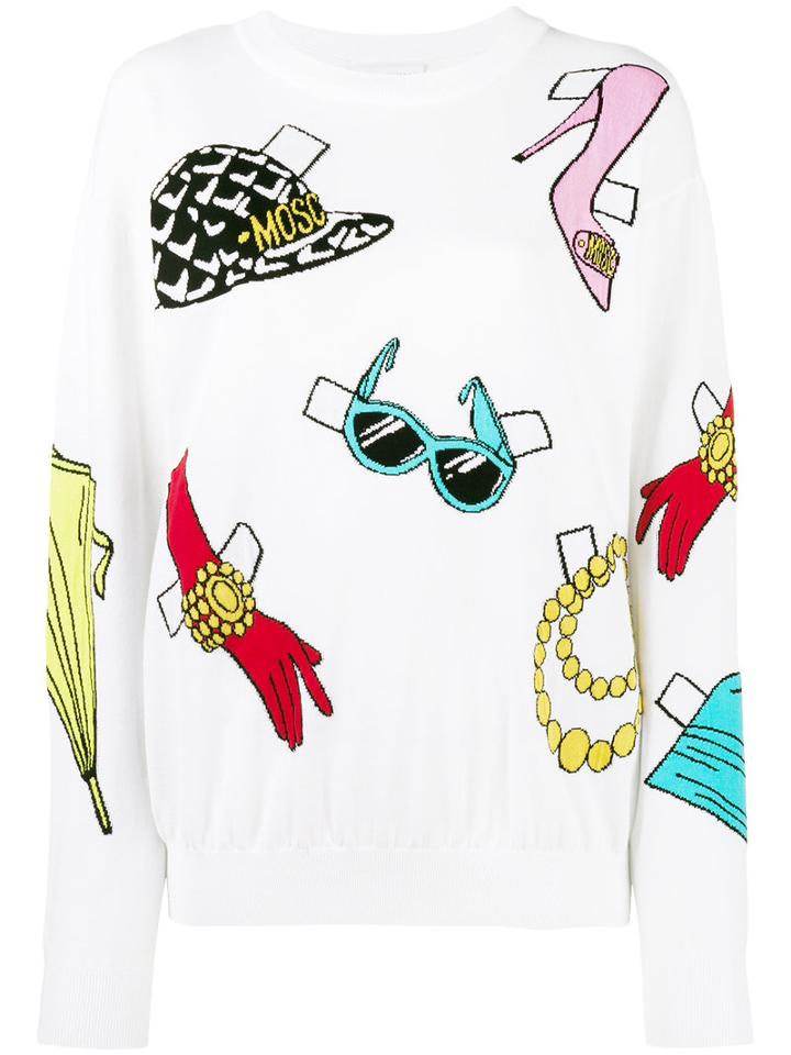 Moschino Sticker Intarsia Jumper, Women's, Size: Large, White, Cotton