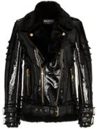 Balmain Shearling Trim Leather Biker Jacket - Black