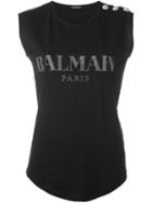 Balmain Logo Print Tank Top, Women's, Size: 38, Black, Cotton/glass