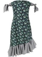 House Of Holland - Floral Print Gingham Off-shoulder Dress - Women - Cotton/polyester - 10, Blue, Cotton/polyester