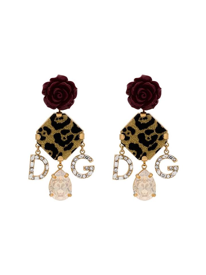 Dolce & Gabbana Red Rose Leopard Print Charm Earrings - Gold