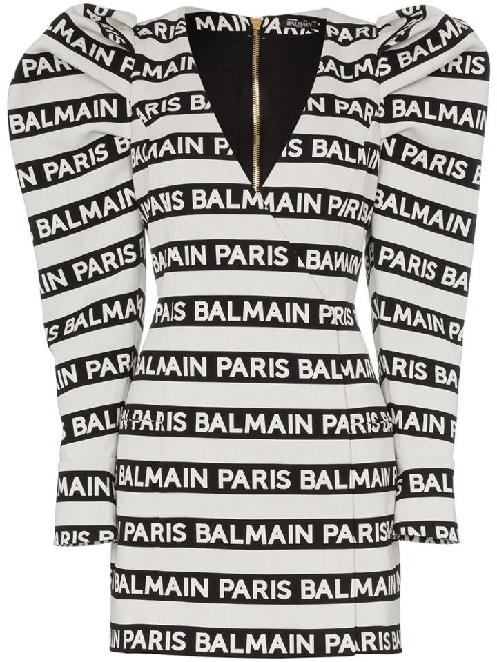 Balmain Extreme Shoulder Striped Mini Dress - White