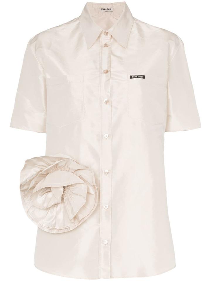 Miu Miu Corsage Detail Short-sleeved Silk Shirt - Neutrals