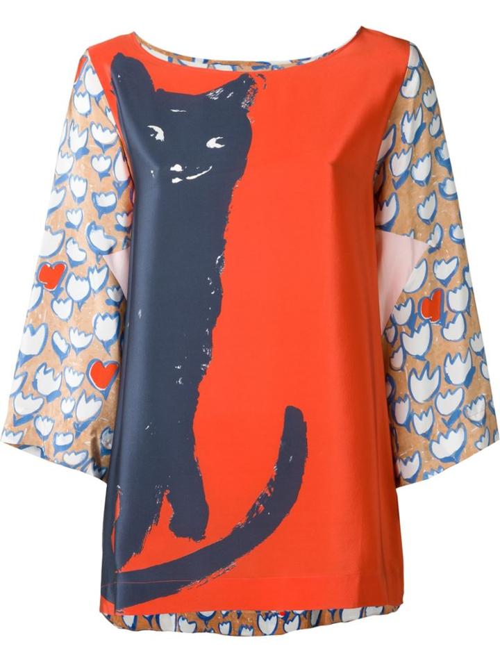 Tsumori Chisato Cat Print Blouse, Women's, Size: 3, Red, Silk