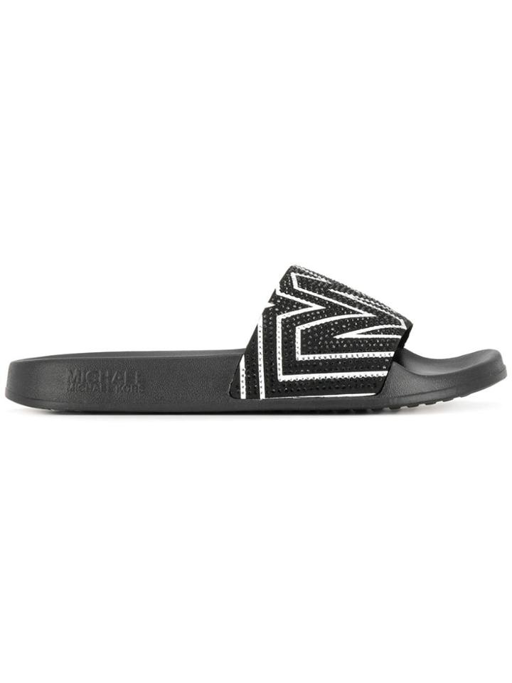 Michael Michael Kors Crystal Embellished Logo Slides - Black