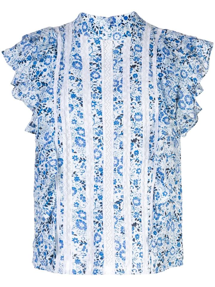 Veronica Beard Floral Print Ruffled Top - White