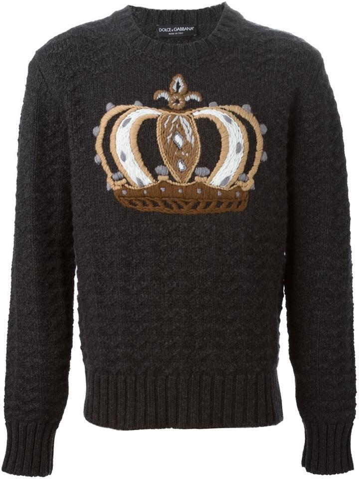 Dolce & Gabbana Crown Embroidered Sweater, Men's, Size: 50, Grey, Virgin Wool