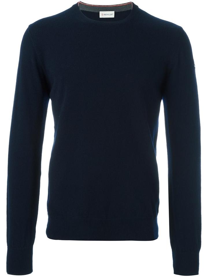 Moncler Classic Crew Neck Sweater, Men's, Size: Large, Blue, Virgin Wool