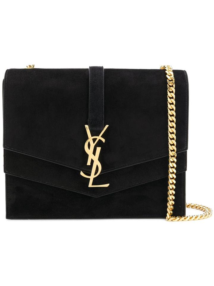 Saint Laurent Monogrammed Suede Satchel - Black