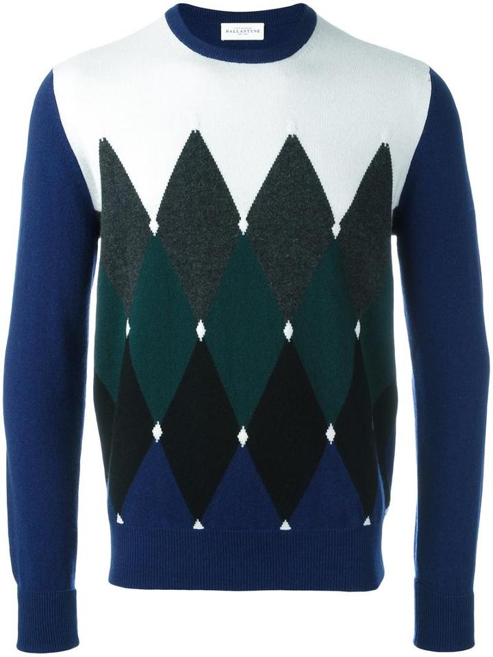 Ballantyne Diamond Intarsia Jumper, Men's, Size: 48, Blue, Cashmere