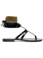 Álvaro Ariana Raffia Flat Leather Sandals - Black