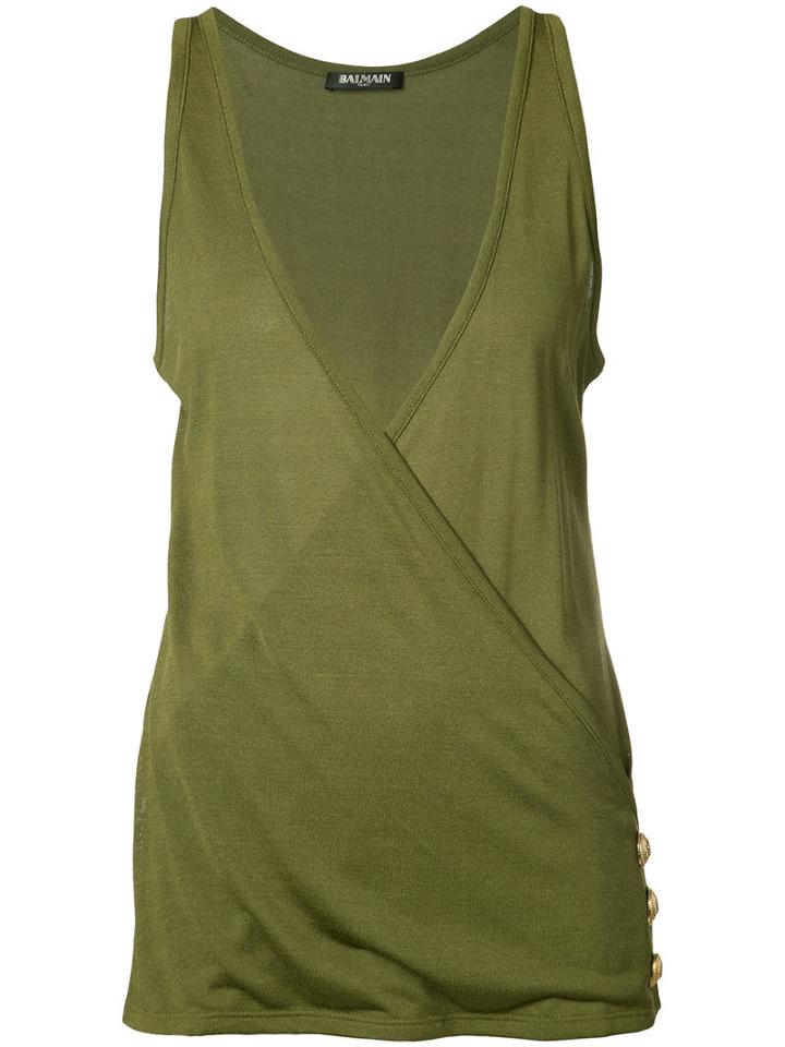 Balmain - Wrap Front Vest Top - Women - Cotton/viscose - 38, Green, Cotton/viscose
