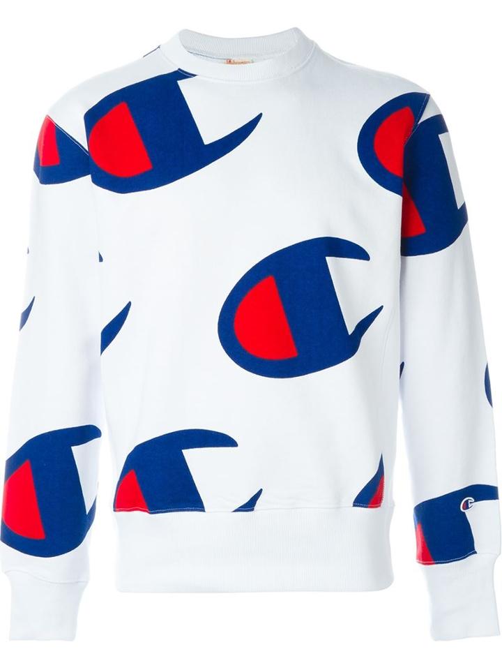 Champion All Over Logo Sweatshirt, Adult Unisex, Size: Xl, White, Cotton/polyester