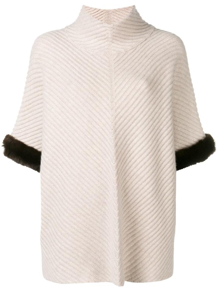N.peal Fur Trim Knit Poncho - Neutrals