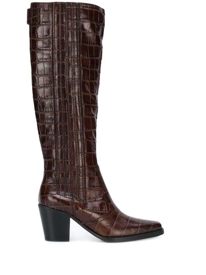Ganni Crocodile Effect Boots - Brown