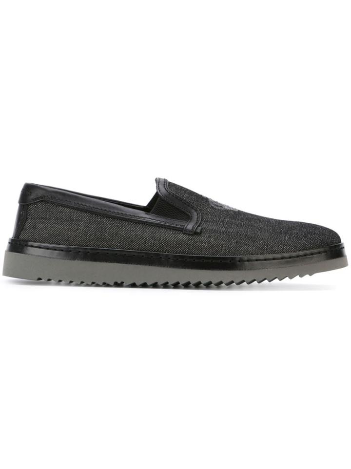 Dolce & Gabbana Embroidered Crown Denim Slip-on Sneakers, Men's, Size: 40, Black, Leather/cotton/rubber