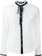 Guild Prime Contrast Trim Ruffle Neck Button Down Shirt, Women's, Size: 36, White, Polyester