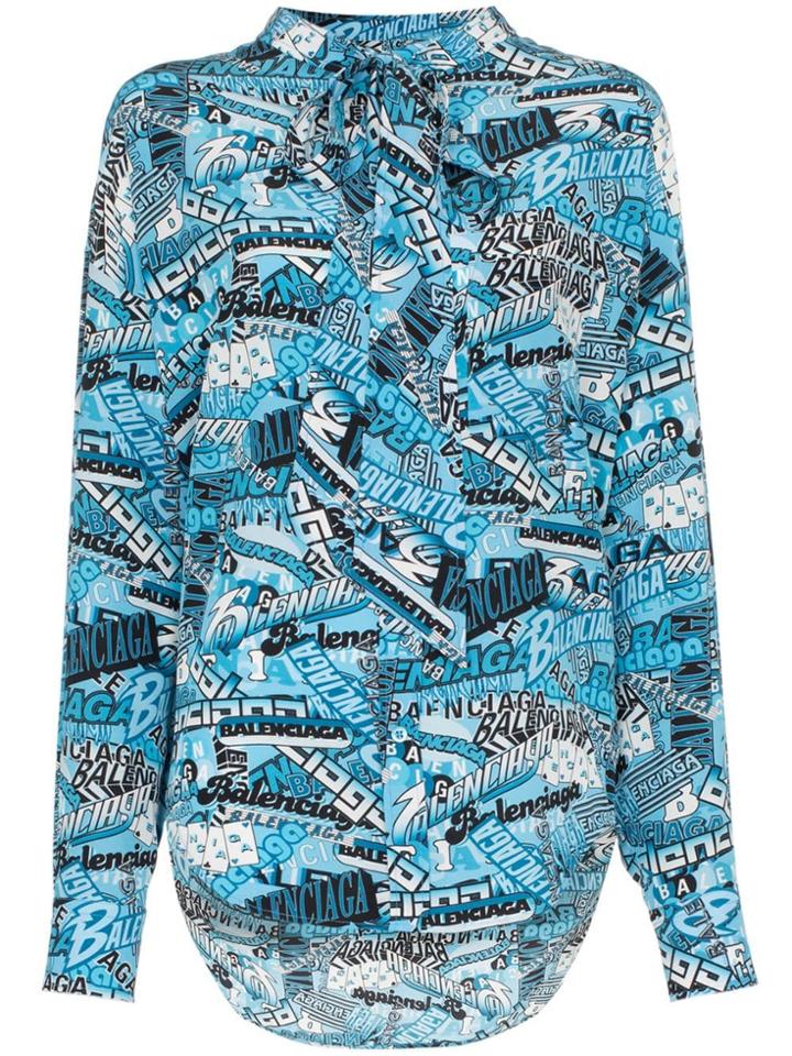 Balenciaga Text-print Tie Neck Silk Shirt - Blue