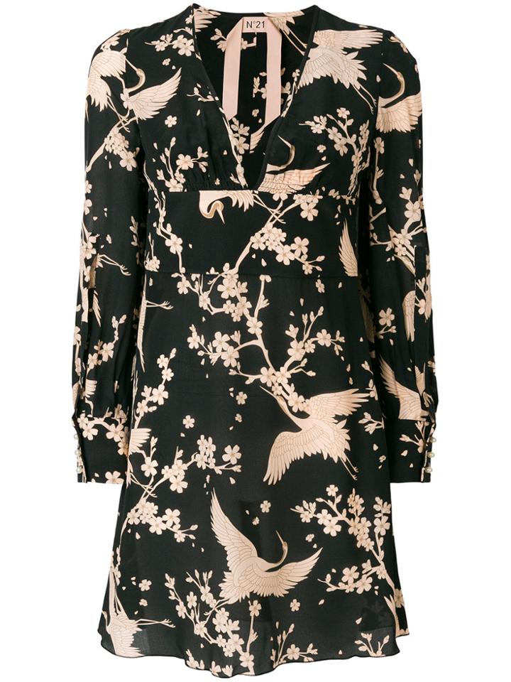 No21 V-neck Bird Print Dress - Black