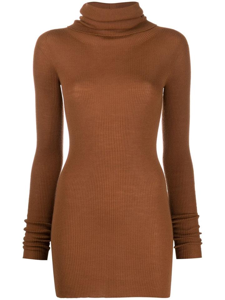 Rick Owens Ribbed Knit Roll Neck Sweater - Brown