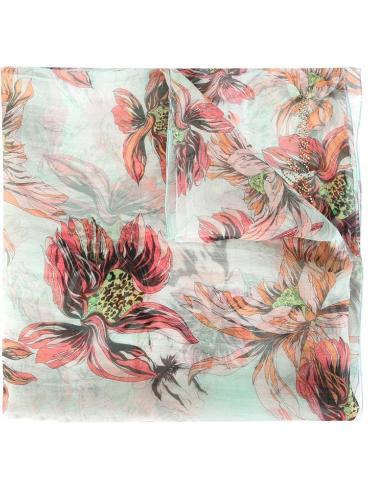 Blumarine Floral Print Scarf, Women's, Green, Silk/crystal