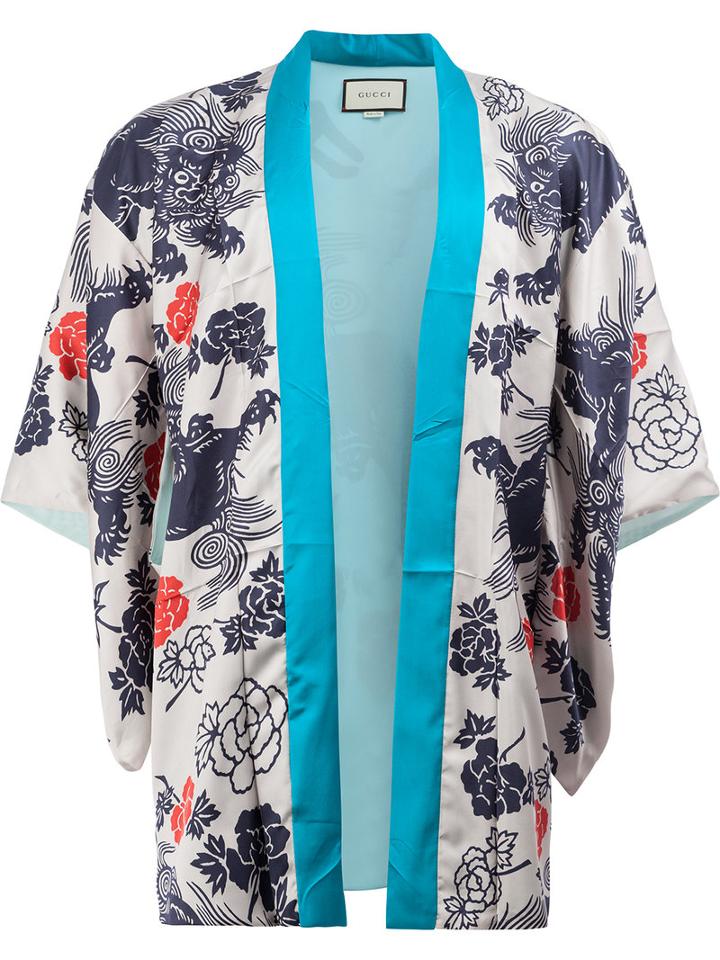 Gucci Japanese Print Kimono Jacket, Men's, Size: 44, Blue, Silk/viscose