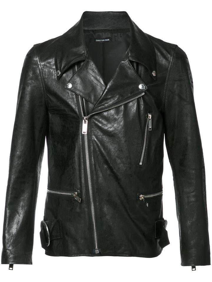 Christian Dada Zip Up Biker Jacket, Men's, Size: 48, Black, Sheep Skin/shearling/cupro
