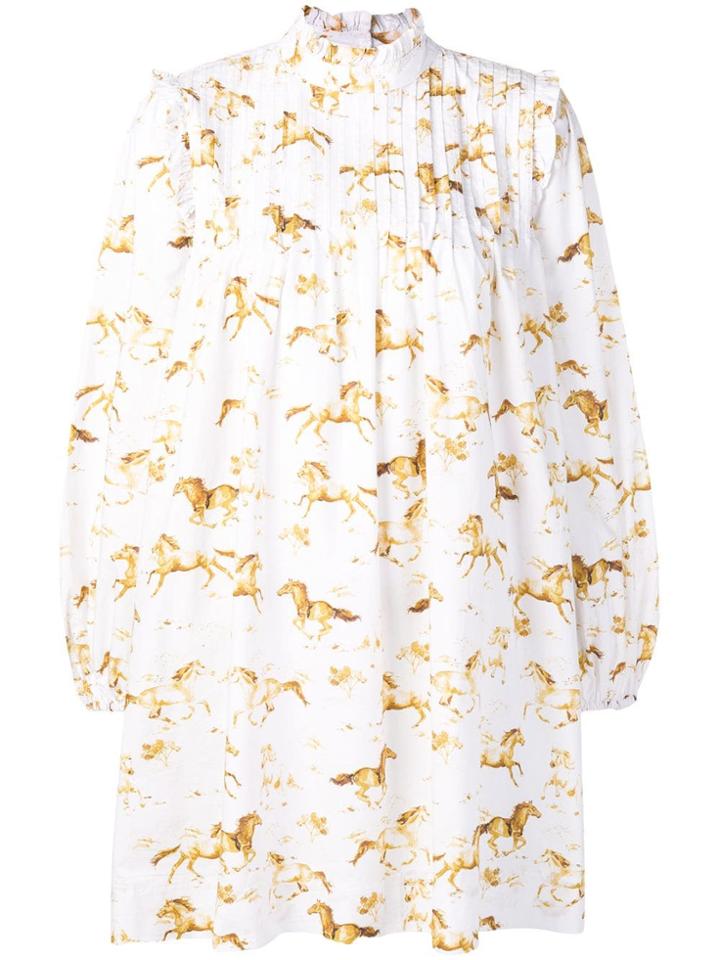 Ganni Horse Print Flared Dress - White