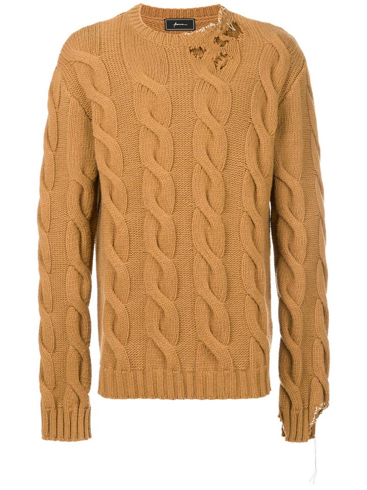 Paura Distressed Cable Knit Sweater - Brown