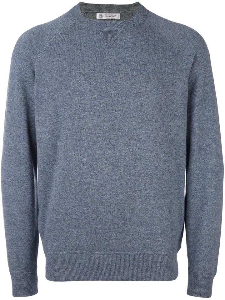 Brunello Cucinelli Cashmere Crew Neck Jumper, Men's, Size: 52, Blue, Cashmere