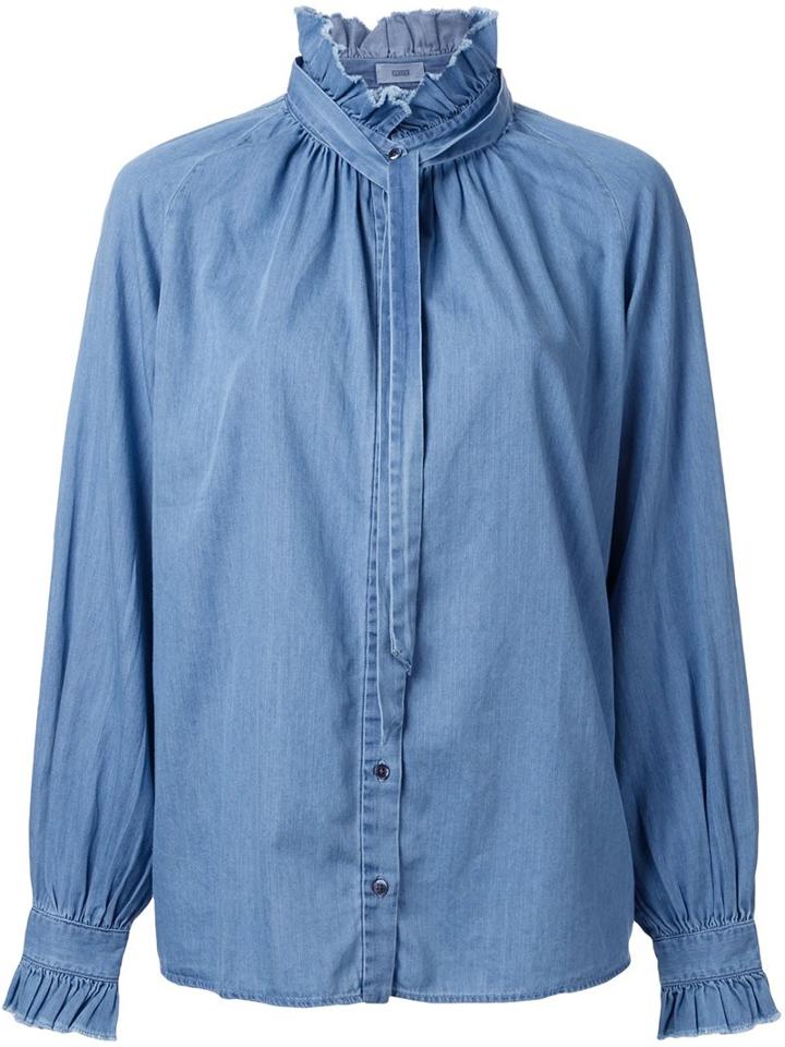 Closed Tie Neck Denim Shirt, Women's, Size: Small, Blue, Cotton