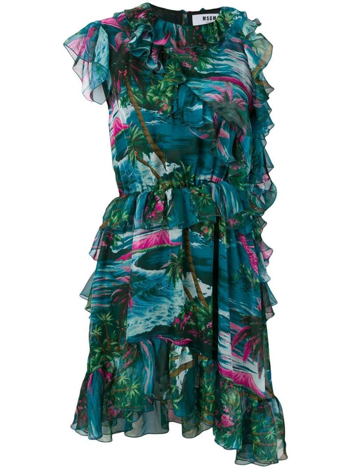 Msgm Ruffle-trim Asymmetric Dress - Green