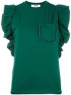 Msgm Ruffle Sleeve T-shirt, Size: Small, Green, Cotton