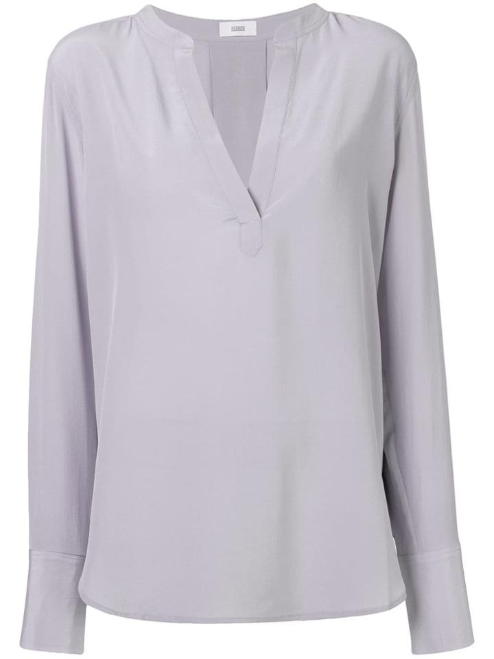 Closed V-neck Long-sleeve Blouse - Pink & Purple