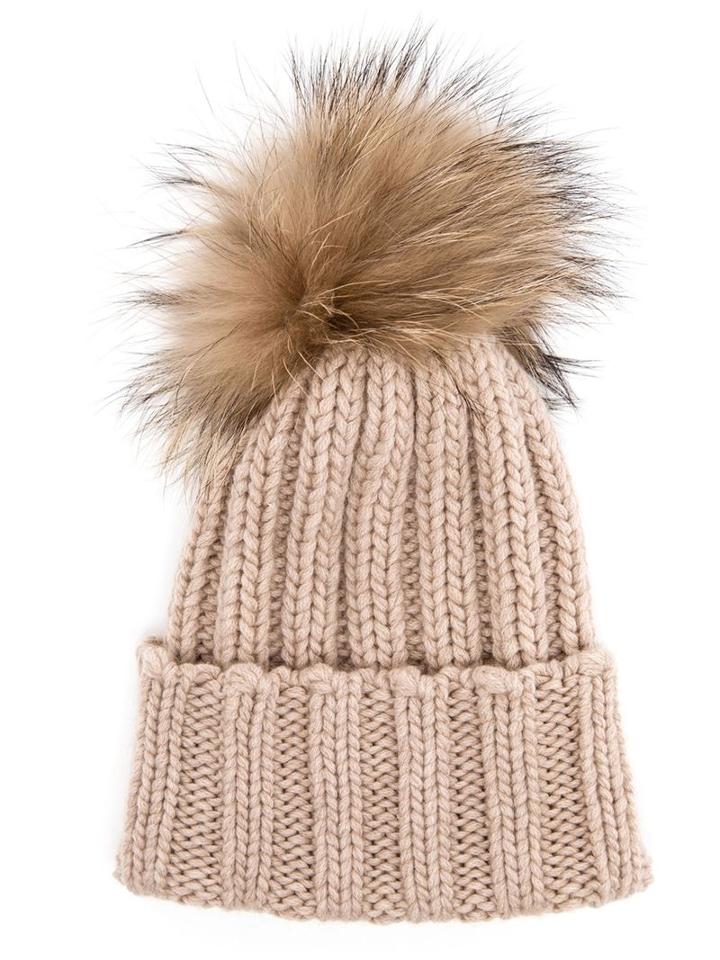 Inverni Fur Bobble Beanie, Women's, Nude/neutrals, Fox Fur/cashmere